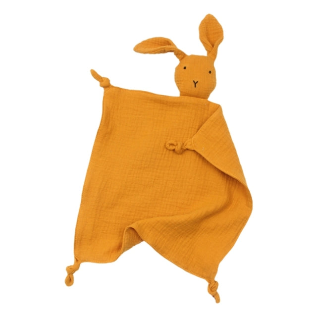 Deep mustard teething cloth with bunny for reborn art dolls or cuddle babies.