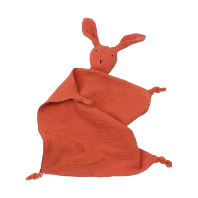 Orangey Red Rust teething cloth with bunny for reborn art dolls or cuddle babies.