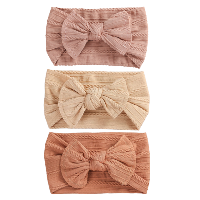Blush pink, beige and pumpkin spice cable knit headband with bow for baby girls, reborns, cuddle babies and newborns.
