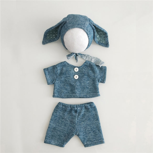 Blue knitted three piece bunny rabbit wool bonnet photography outfit for reborn dolls, cuddle babies and newborns.