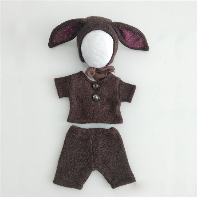 Brown Coffee Tan caramel light brown khaki knitted three piece bunny rabbit wool bonnet photography outfit for reborn dolls, cuddle babies and newborns.