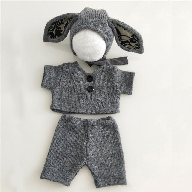 Grey knitted three piece bunny rabbit wool bonnet photography outfit for reborn dolls, cuddle babies and newborns.