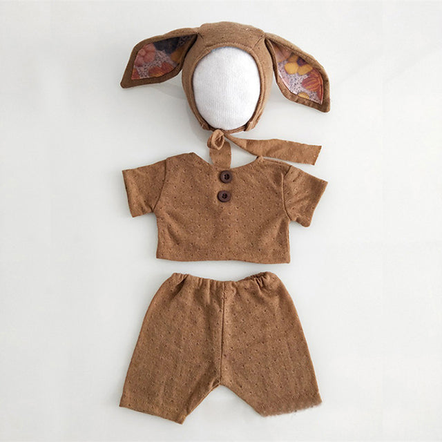Tan caramel light brown khaki knitted three piece bunny rabbit wool bonnet photography outfit for reborn dolls, cuddle babies and newborns.