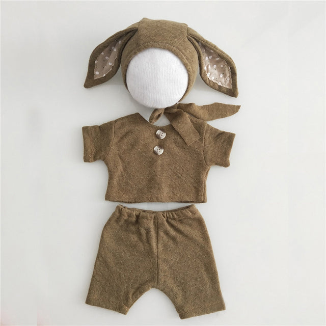 Khaki light brown tan knitted three piece bunny rabbit wool bonnet photography outfit for reborn dolls, cuddle babies and newborns.