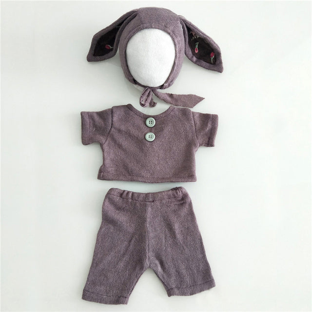 Lavendar purple mauve knitted three piece bunny rabbit wool bonnet photography outfit for reborn dolls, cuddle babies and newborns.
