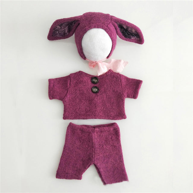 Rose rasperry red reddish pink knitted three piece bunny rabbit wool bonnet photography outfit for reborn dolls, cuddle babies and newborns.