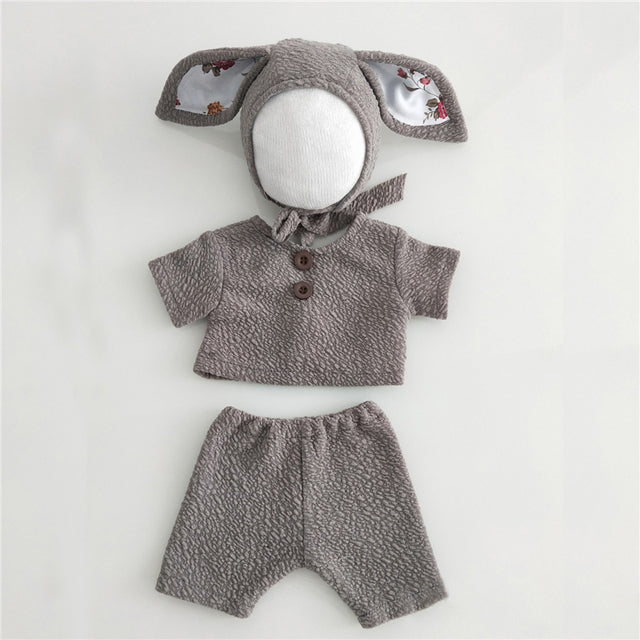 Light Grey knitted three piece bunny rabbit wool bonnet photography outfit for reborn dolls, cuddle babies and newborns.