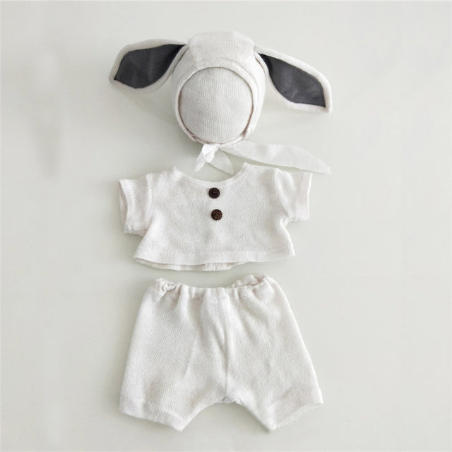 White knitted three piece bunny rabbit wool bonnet photography outfit for reborn dolls, cuddle babies and newborns.
