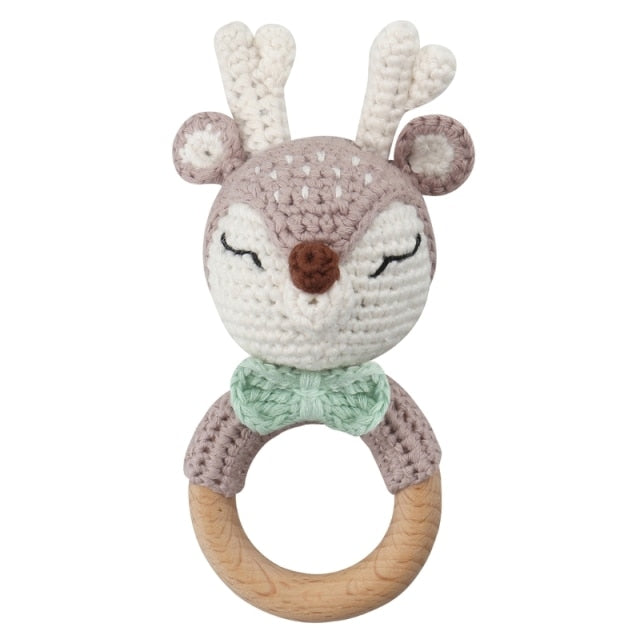 Mint Green crochet deer rattle with wooden teether for reborns, cuddle babies, and newborns photography prop.