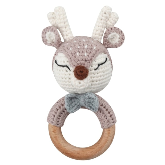 blue grey crochet deer rattle with wooden teether for reborns, cuddle babies, and newborns photography prop.