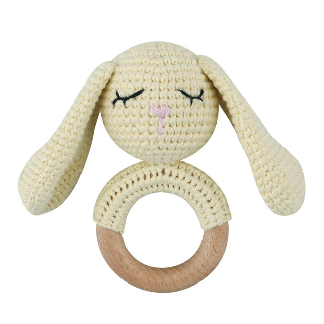 Cream/ivory/off white crochet bunny rattle with wooden teething ring for reborn dolls cuddle babies or newborn babies.
