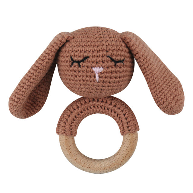 burnt umber cinnamon crochet bunny rattle with wooden teething ring for reborn dolls cuddle babies or newborn babies.