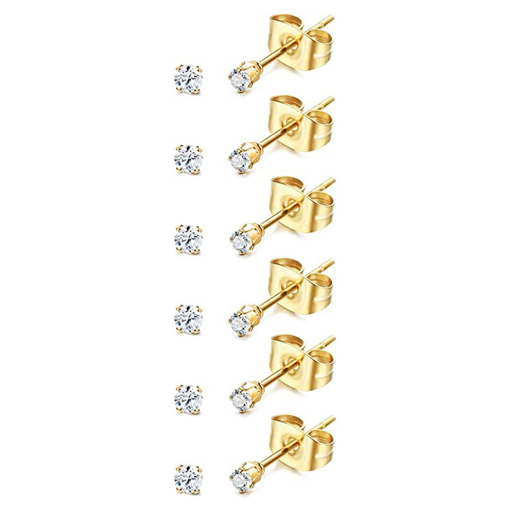 Six cubic zirconia stud 14k yellow gold plated earrings made from stainless steel baby jewelry for reborns.