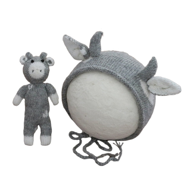 Grey knitted crochet cow hat and matching cow stuffie for reborn dolls, newborn photography, reborn photoshoots, and cuddle babies.