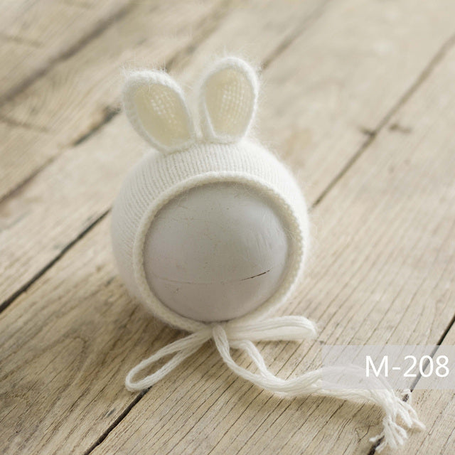White knit knitted mohair bunny bonnet hat for newborn photography reborn dolls cuddle babies reborns.