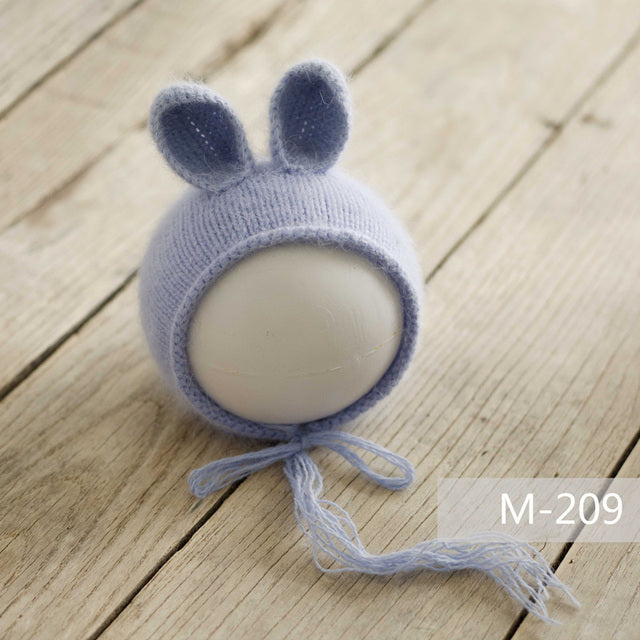 Powder blue knit knitted mohair bunny bonnet hat for newborn photography reborn dolls cuddle babies reborns.