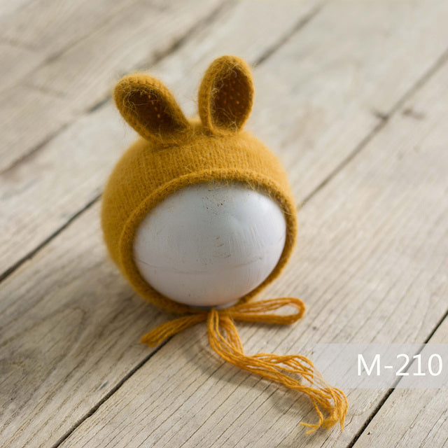 Mustard yellow ginger pumpkin knit knitted mohair bunny bonnet hat for newborn photography reborn dolls cuddle babies reborns.
