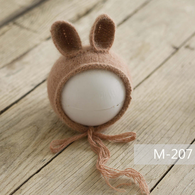 Light brown khaki tan coffee knit knitted mohair bunny bonnet hat for newborn photography reborn dolls cuddle babies reborns.