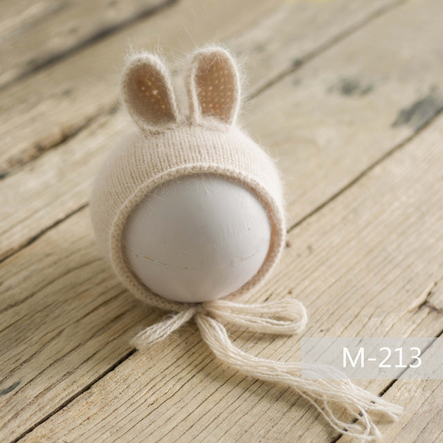 Light beige oatmeal off-white tan knit knitted mohair bunny bonnet hat for newborn photography reborn dolls cuddle babies reborns.