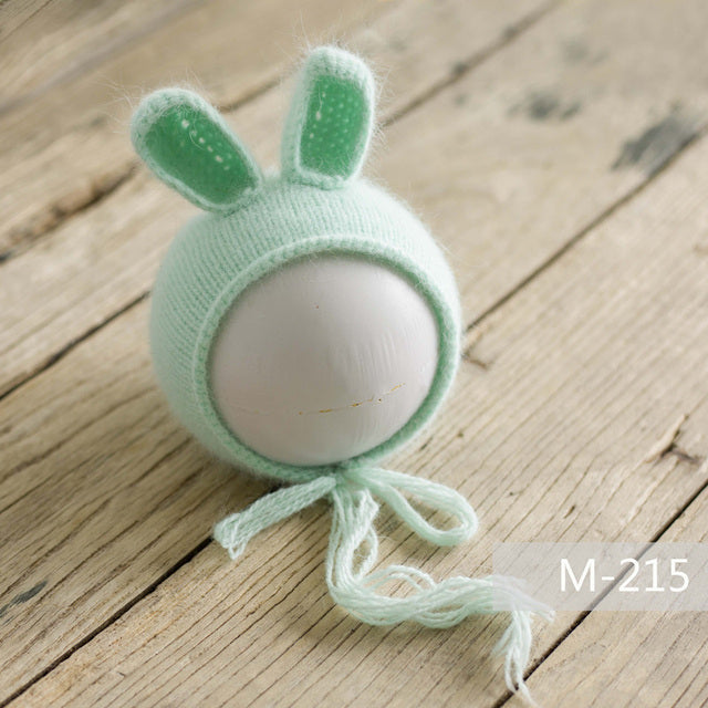 Mint green pastel green spring green knit knitted mohair bunny bonnet hat for newborn photography reborn dolls cuddle babies reborns.