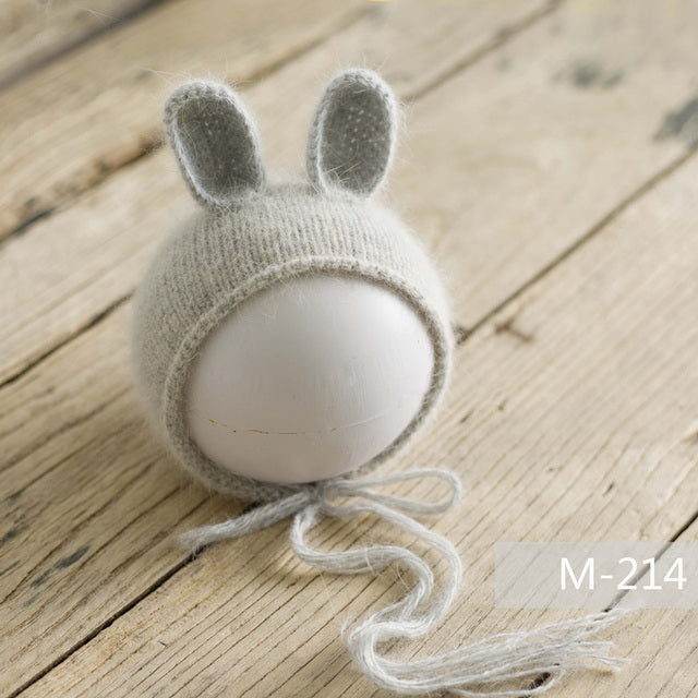 Light grey knit knitted mohair bunny bonnet hat for newborn photography reborn dolls cuddle babies reborns.
