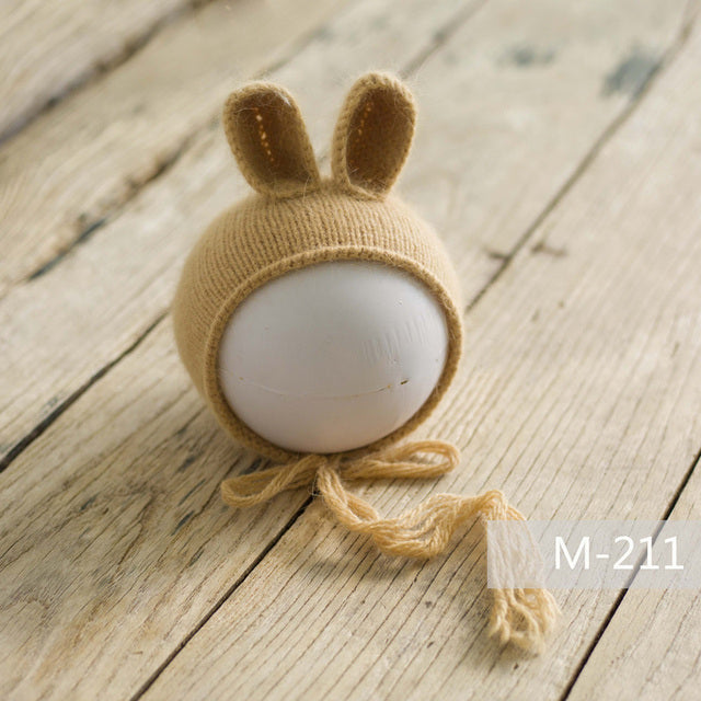 Beige light brown khaki knit knitted mohair bunny bonnet hat for newborn photography reborn dolls cuddle babies reborns.
