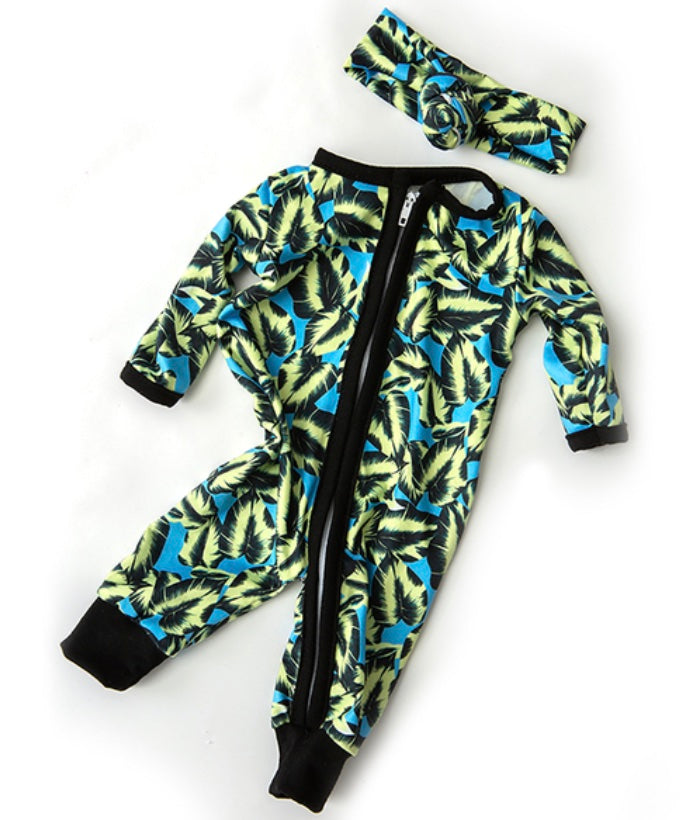 Black, yellow and blue floral preemie sized zip-up rompers with matching headbands for small dolls and preemie reborn dolls up to 17" in height.